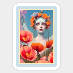 Dreamy design of a pop surrealism painting of girl with poppy flowers Sticker